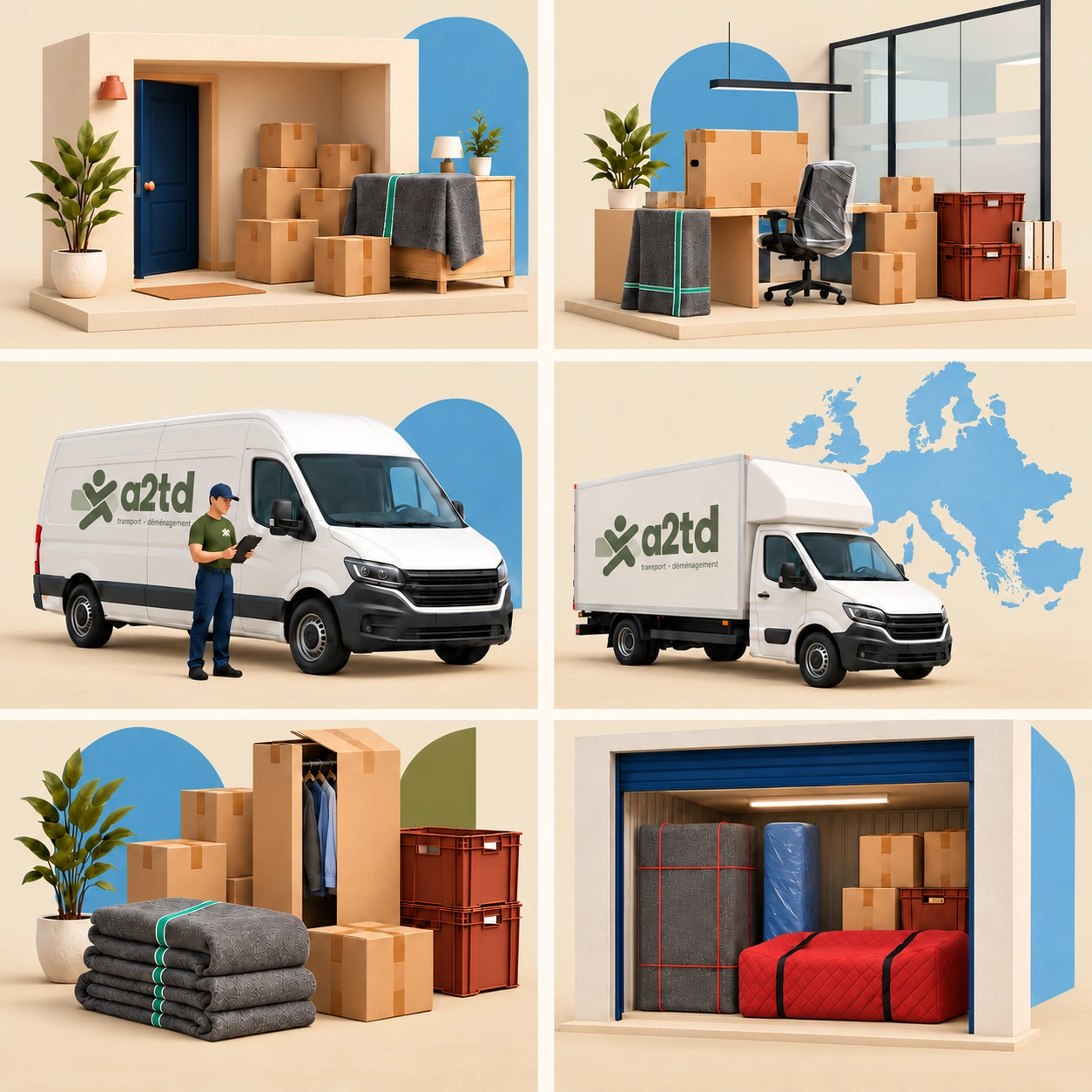 Camion A2TD devant une silhouette bleue de l’Europe, illustration