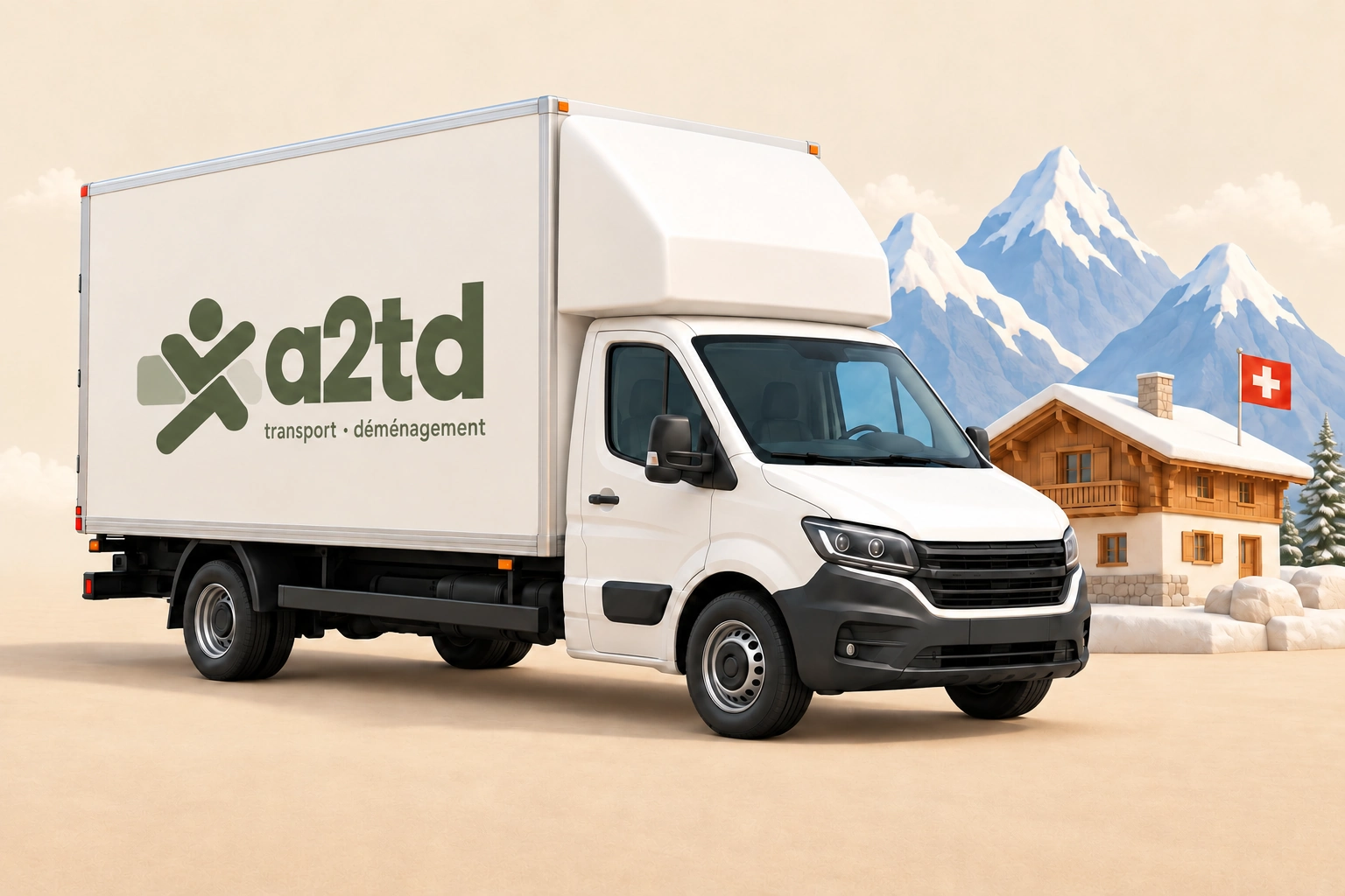 Camion A2TD à caisse rehaussée devant un chalet et les Alpes suisses, illustration