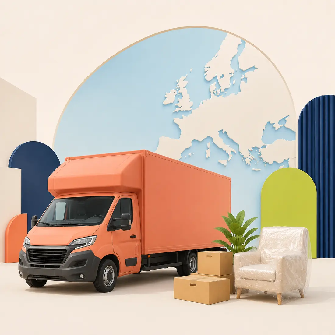 Camion de déménagement 20 m³ avec capucine devant une carte de l’Europe